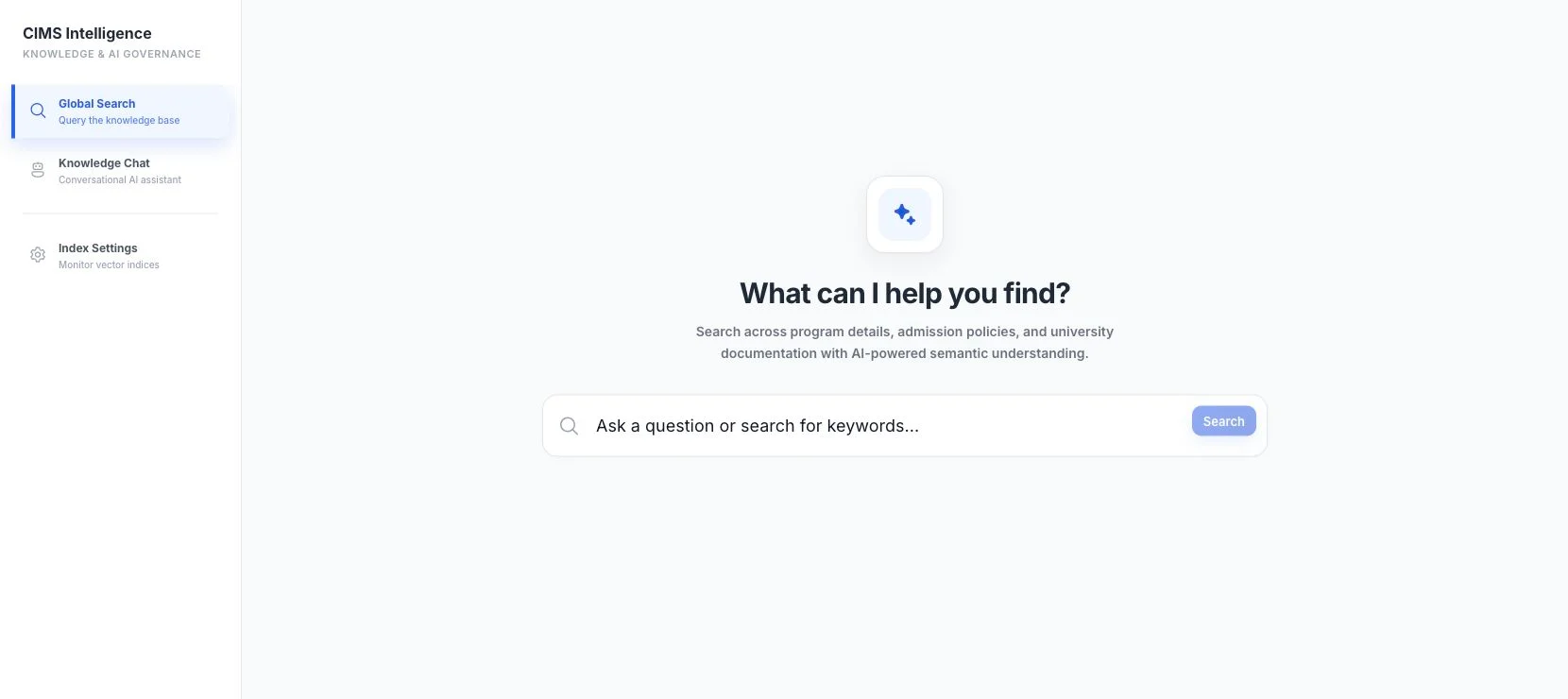 EASM Knowledge global search screen with a plain-language search box.